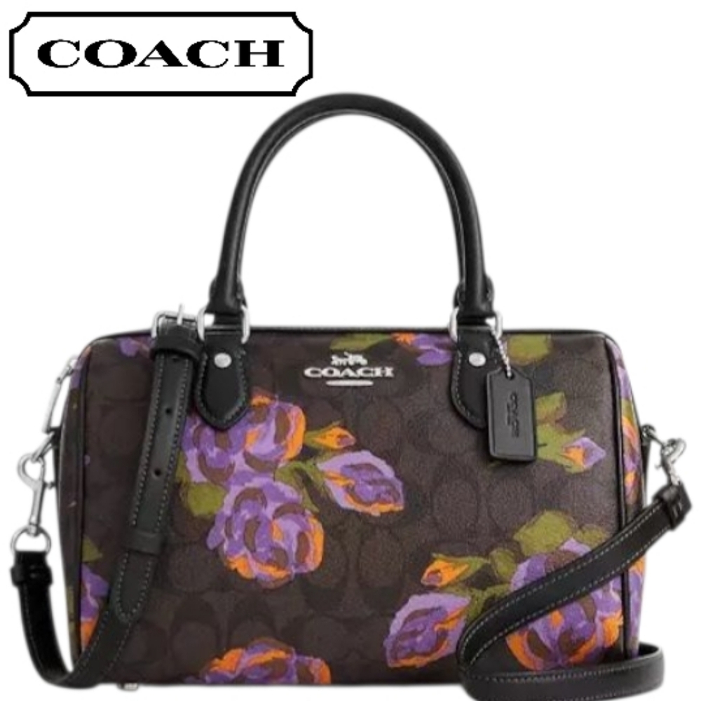 Coach Jumbo Floral Blooms Rowan Satchel - Purple And Orange With Silver Hardware